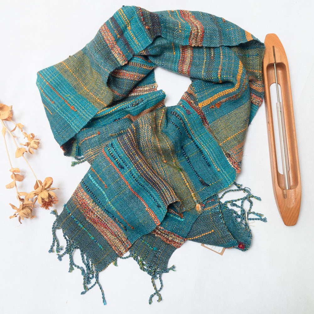Handwoven Scarf (Blue/gold) - Made in the UK by Cat & Sparrow