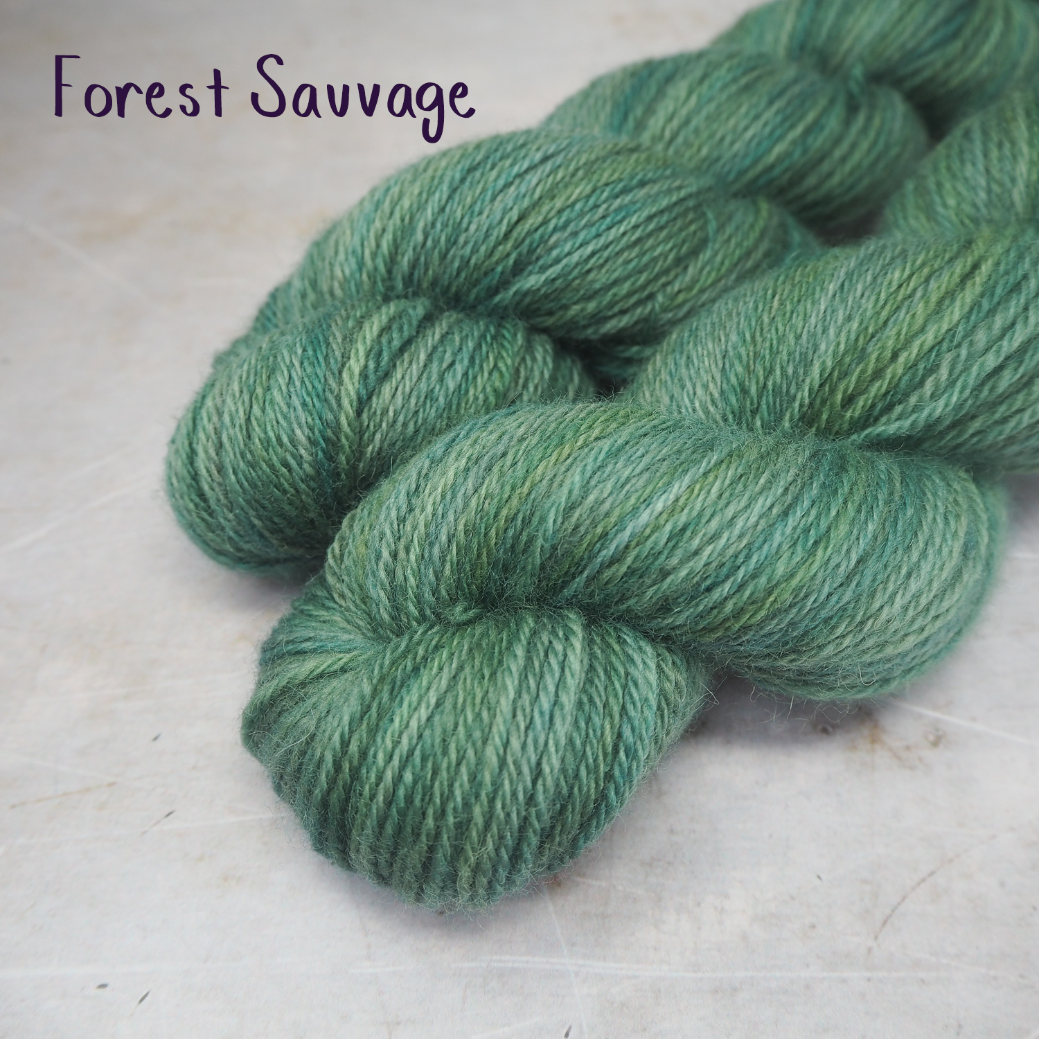 Two skeins of soft, DK-weight yarn, hand-dyed a in variegated forest greens.
