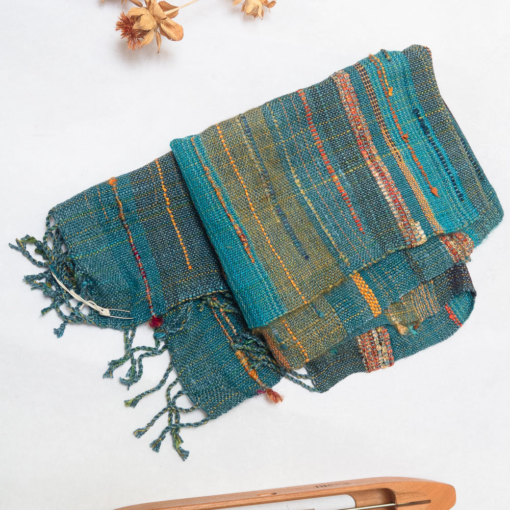 Handwoven Scarf (Blue/gold) - Made in the UK by Cat & Sparrow