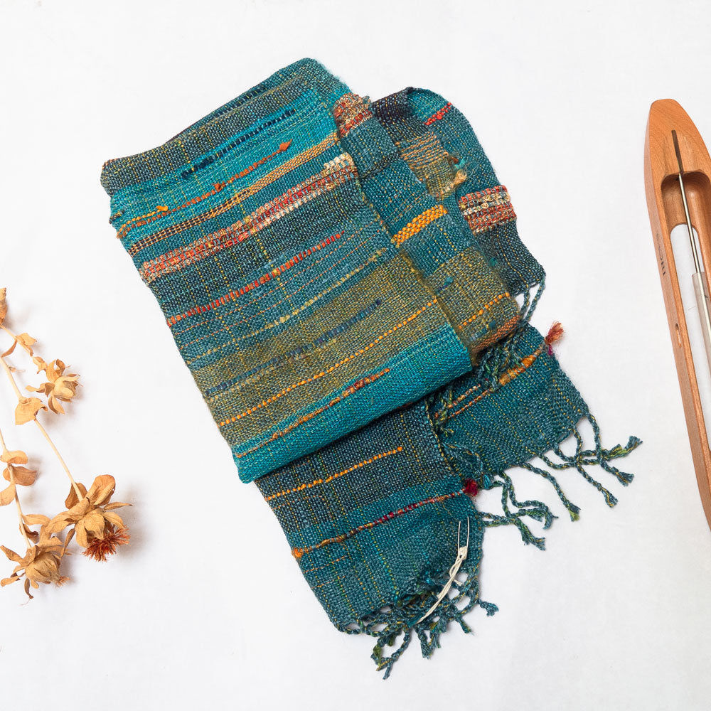 Handwoven Scarf (Blue/gold) - Made in the UK by Cat & Sparrow