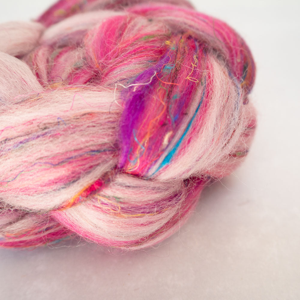 Tickled Pink - Corriedale/Sari Silk Combed Top - 50g