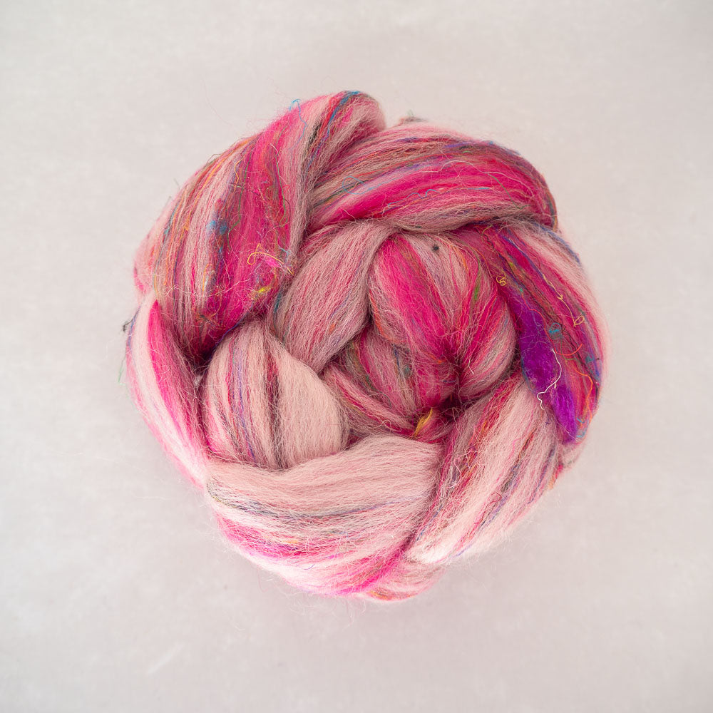 Tickled Pink - Corriedale/Sari Silk Combed Top - 50g