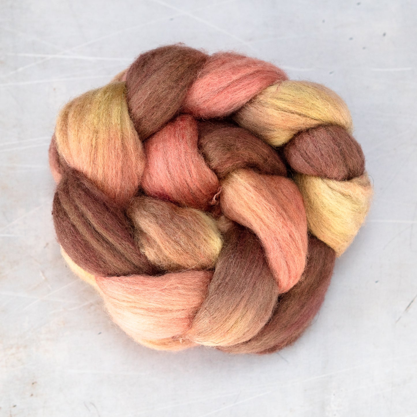 Creamy polwarth, shetland and silk top in peach, chocolate and vanilla